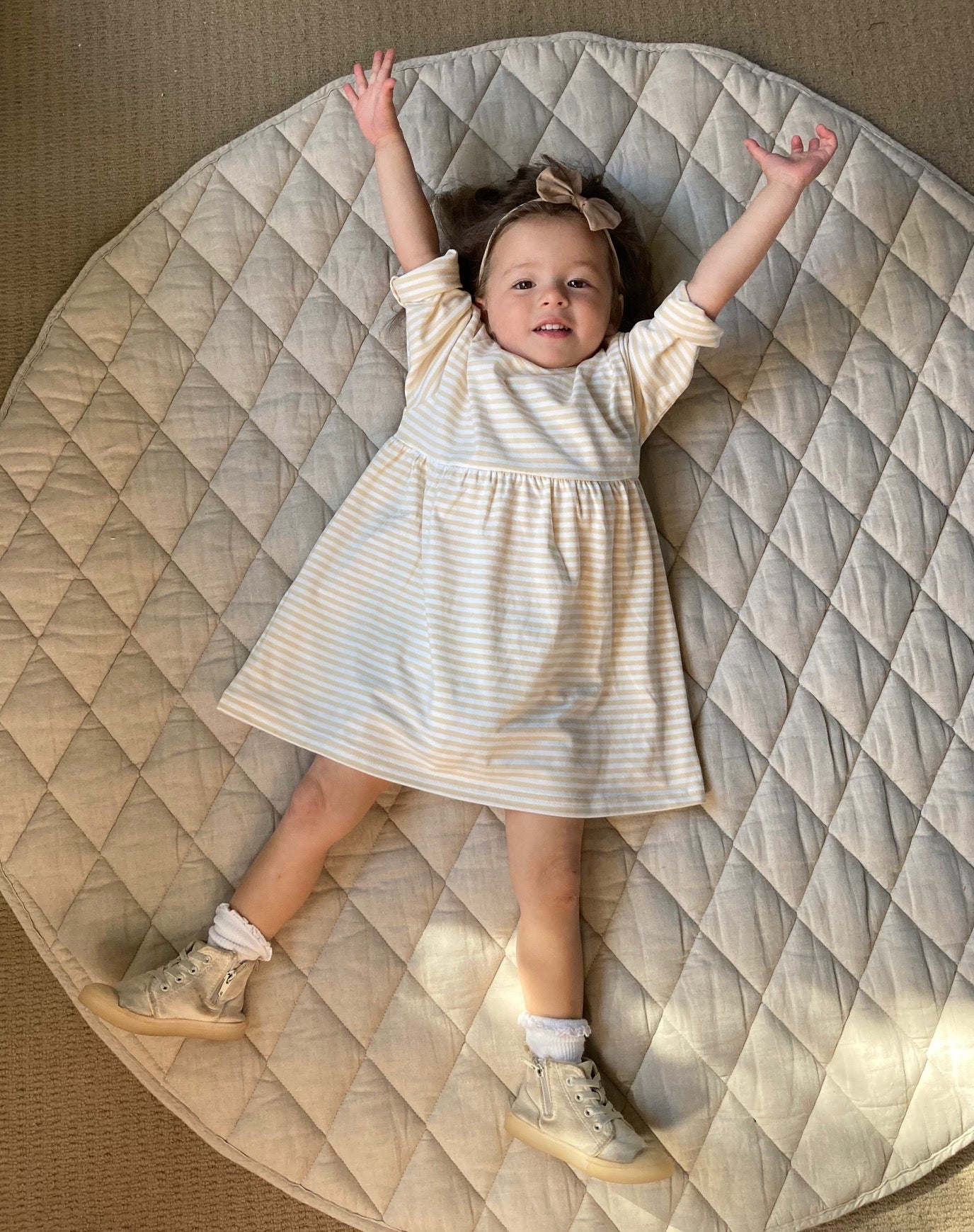 Buttercream stripe long sleeve dress with pockets