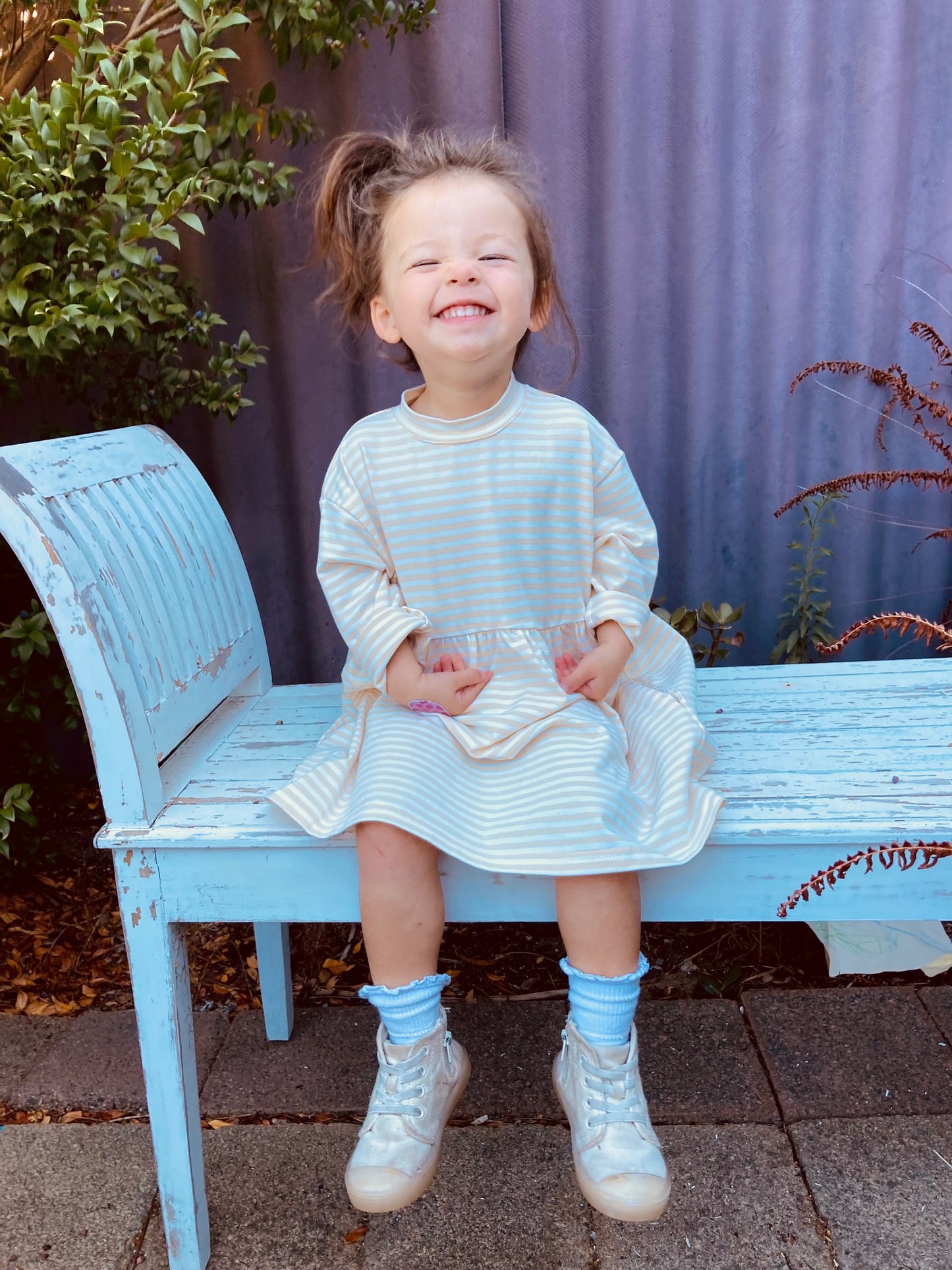 Buttercream stripe long sleeve dress with pockets