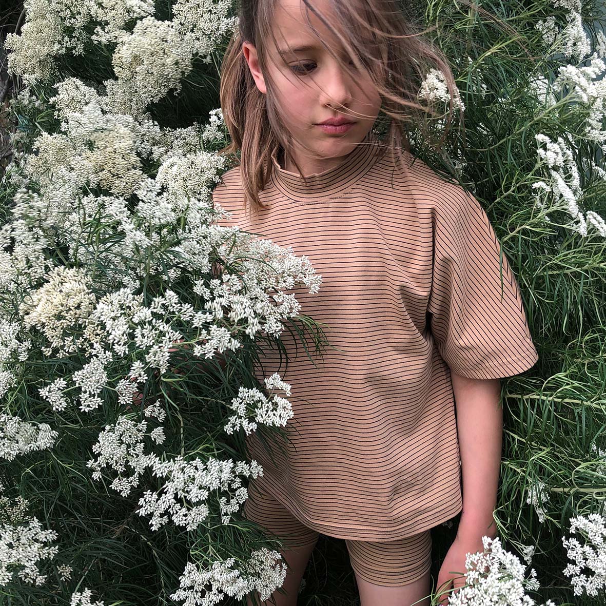 Tan stripe high neck short sleeve top
